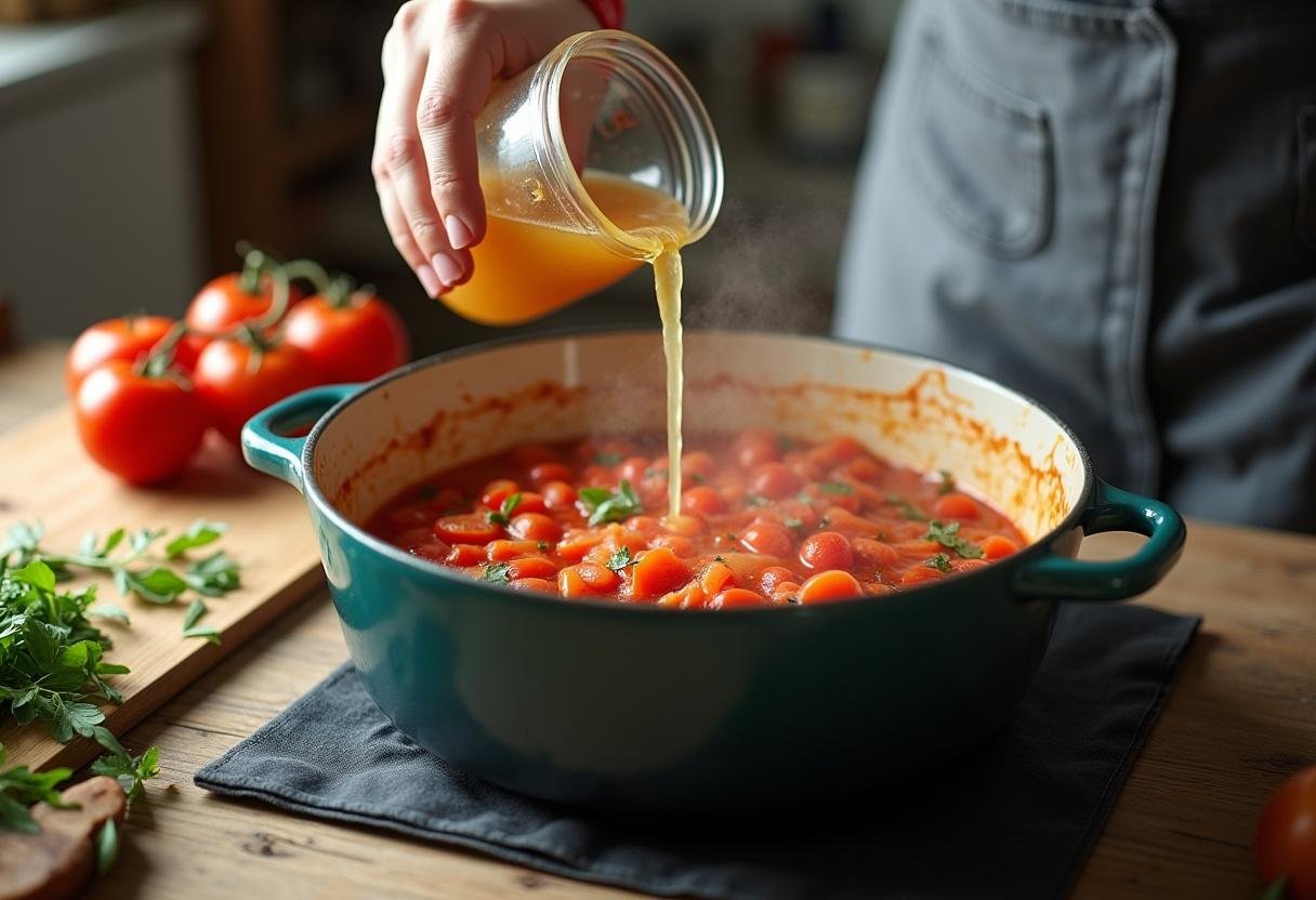 Adding vegetable broth to the simmering tomato mixture for creamy tomato basil soup.