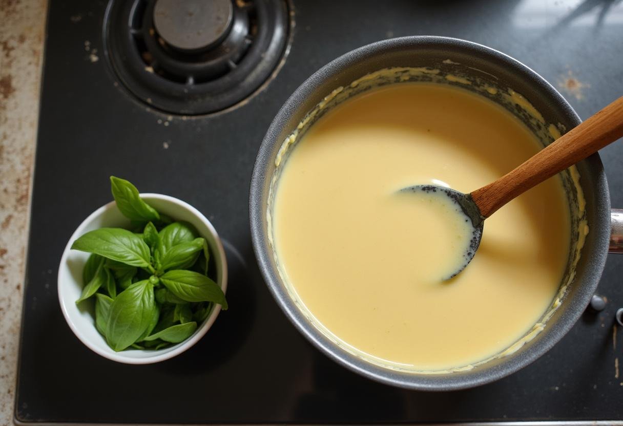 Blended creamy tomato mixture ready for fresh basil in tomato basil soup preparation.