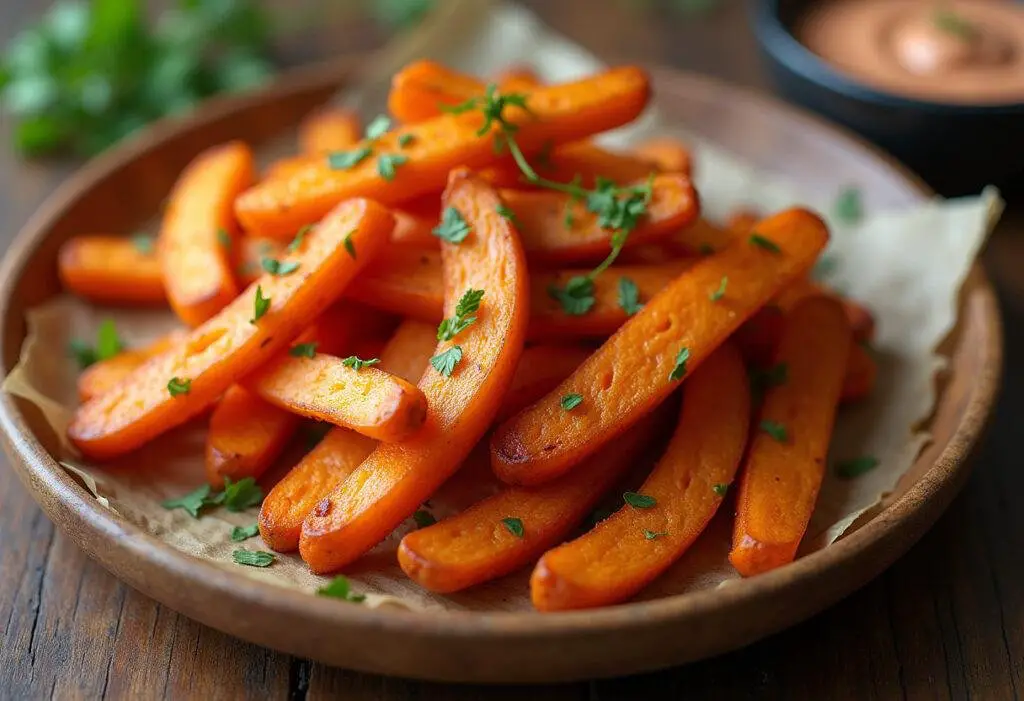 Crispy air fryer sweet potato fries served on a platter with dipping sauce, perfect for any occasion.