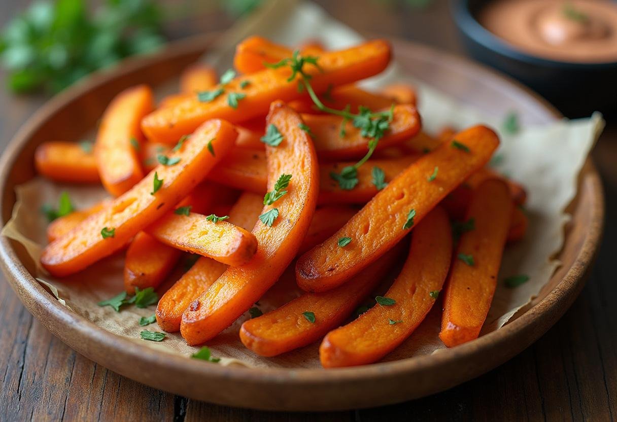 Crispy air fryer sweet potato fries served on a platter with dipping sauce, perfect for any occasion.