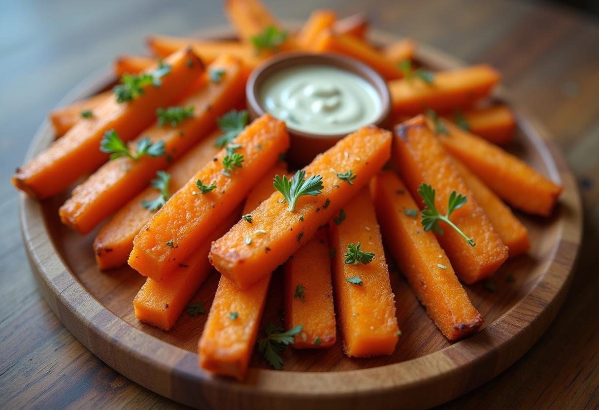 Crispy air fryer sweet potato fries served on a platter with dipping sauce, perfect for any occasion.