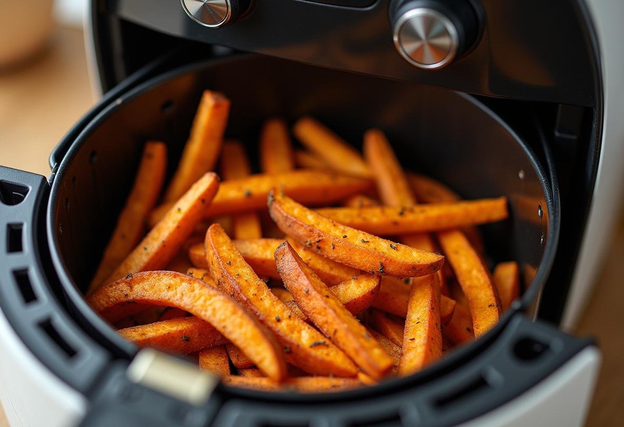 Seasoned sweet potato fries placed in an air fryer basket for crispy cooking.