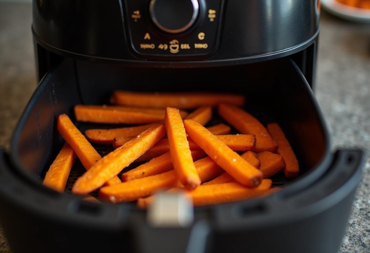 Sweet potato fries cooking in an air fryer with a timer set for perfect crispiness.