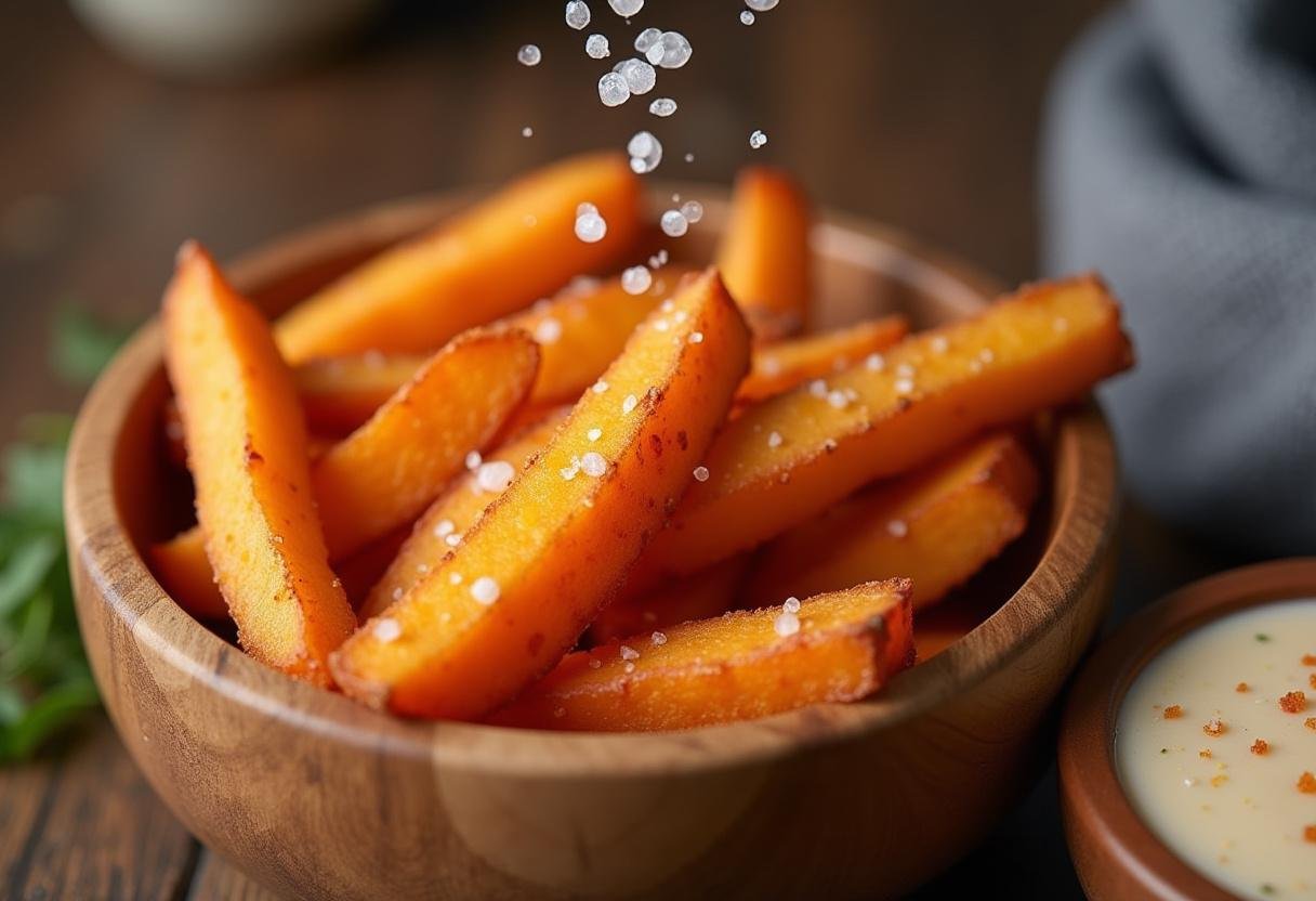 Golden-brown crispy sweet potato fries being seasoned after air frying, ready to enjoy.