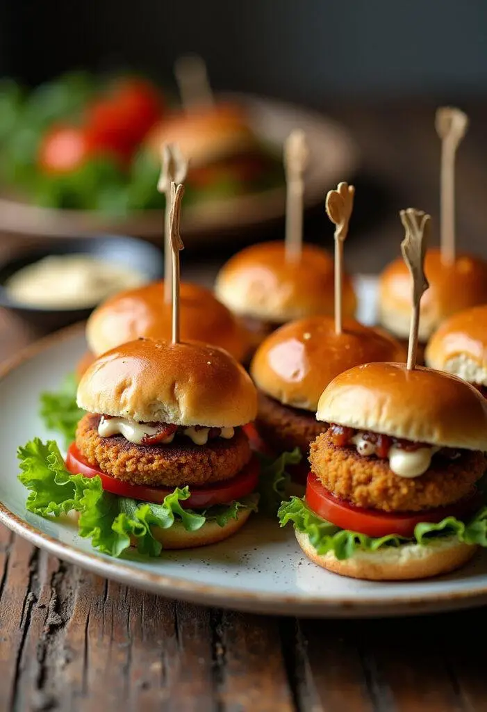 Finished crispy baked falafel sliders served with fresh toppings, perfect for a delicious meal.