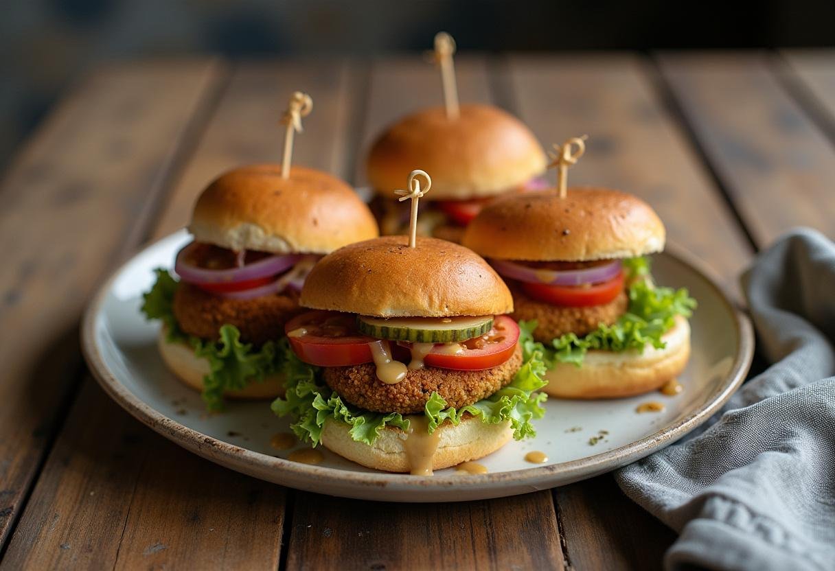 Finished crispy baked falafel sliders served with fresh toppings, perfect for a delicious meal.