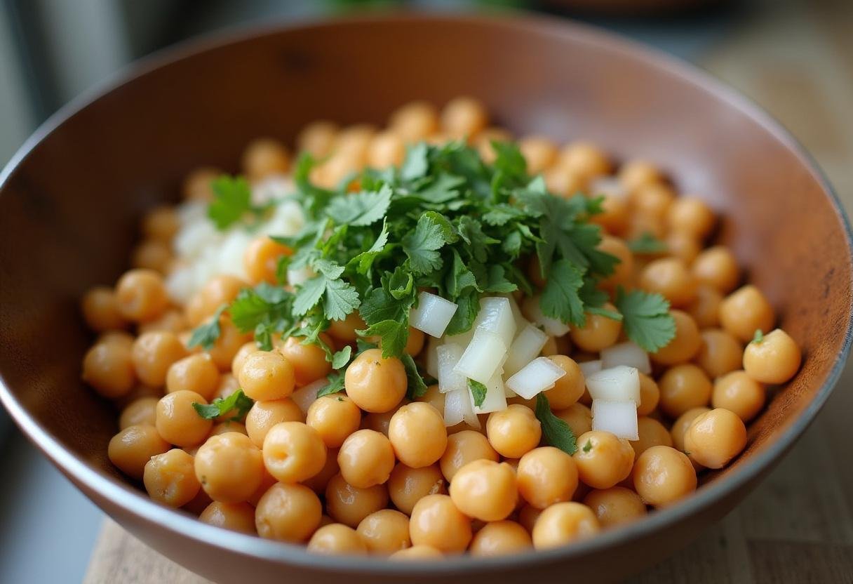 Ingredients for crispy baked falafel sliders including chickpeas, onions, garlic, and herbs.