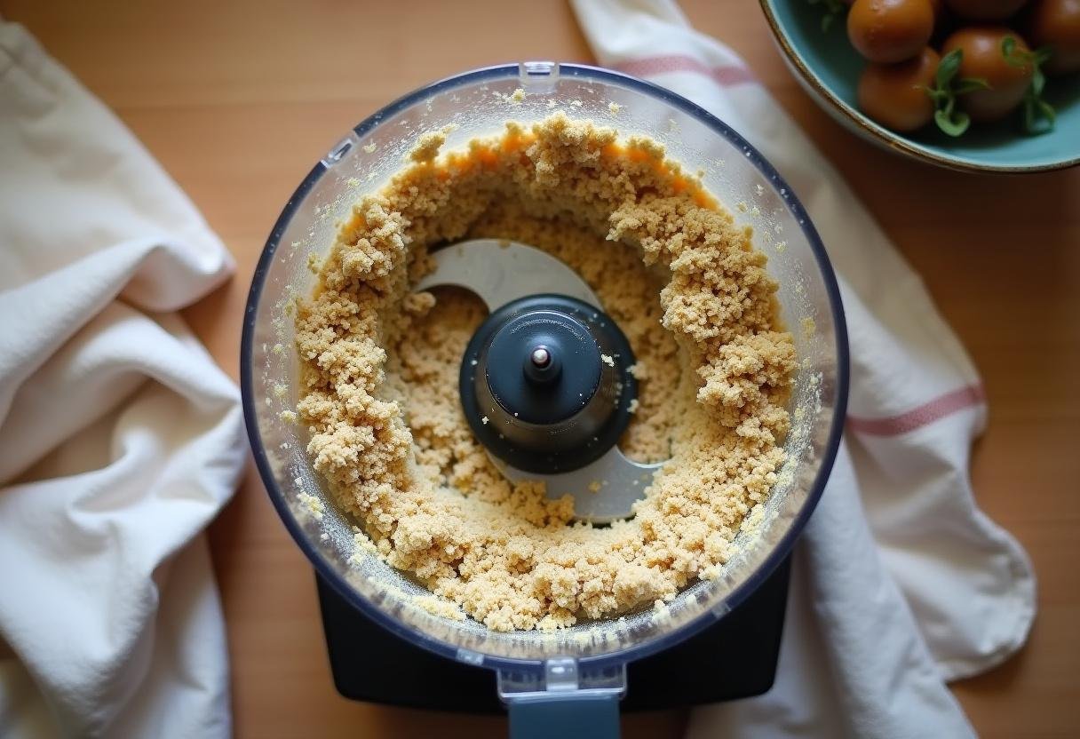 Blending falafel ingredients in a food processor for crispy baked falafel sliders.