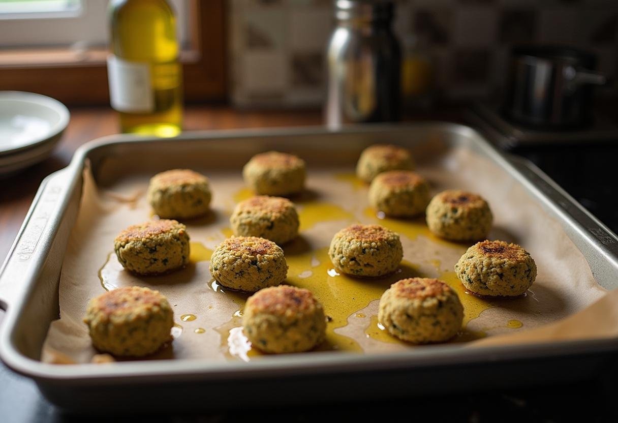 Falafel patties on a baking tray, ready to bake for crispy sliders.