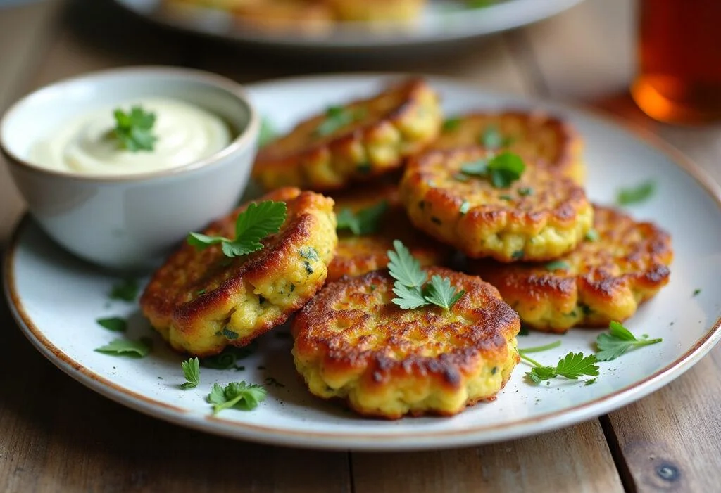 Finished crispy baked zucchini fritters served with herbs and dipping sauce for a delicious treat.