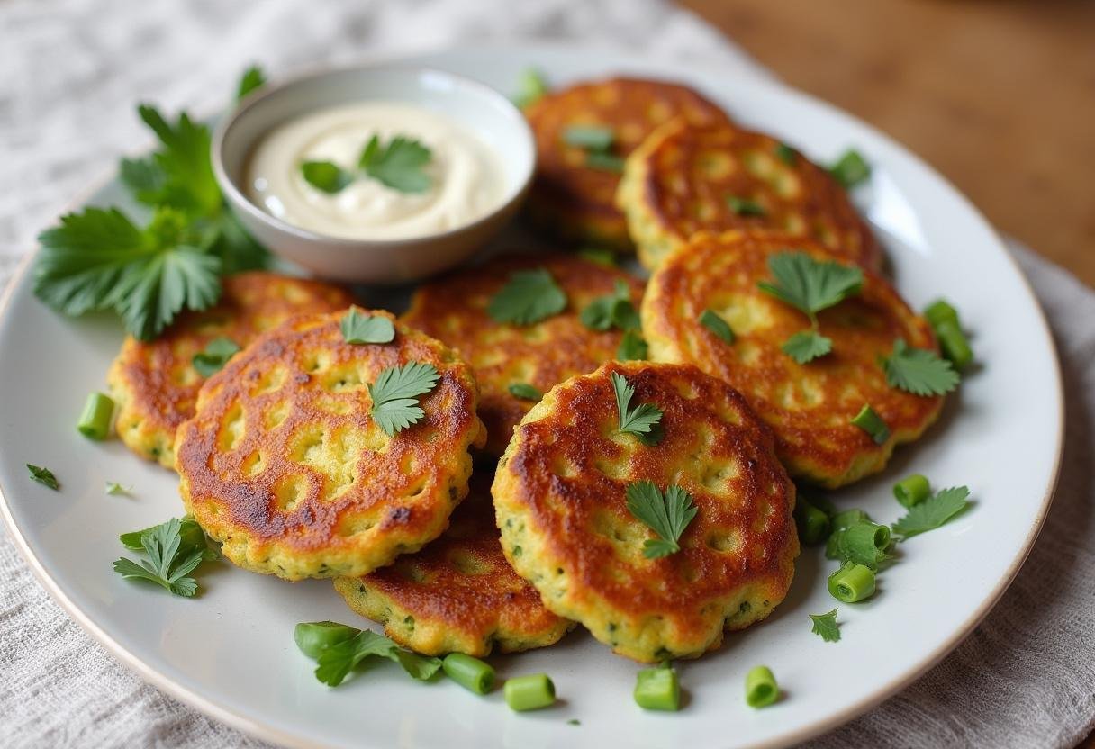 Finished crispy baked zucchini fritters served with herbs and dipping sauce for a delicious treat.