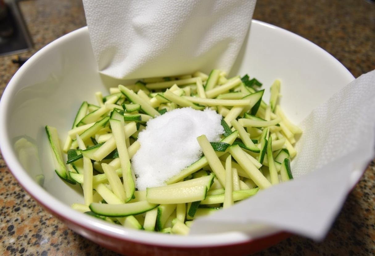 Shredded zucchini with salt absorbing moisture for crispy baked zucchini fritters.