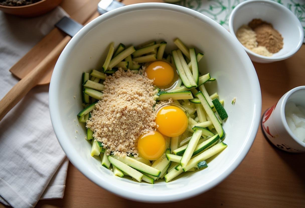 Mixing ingredients for zucchini fritters, including eggs and breadcrumbs, in the kitchen.