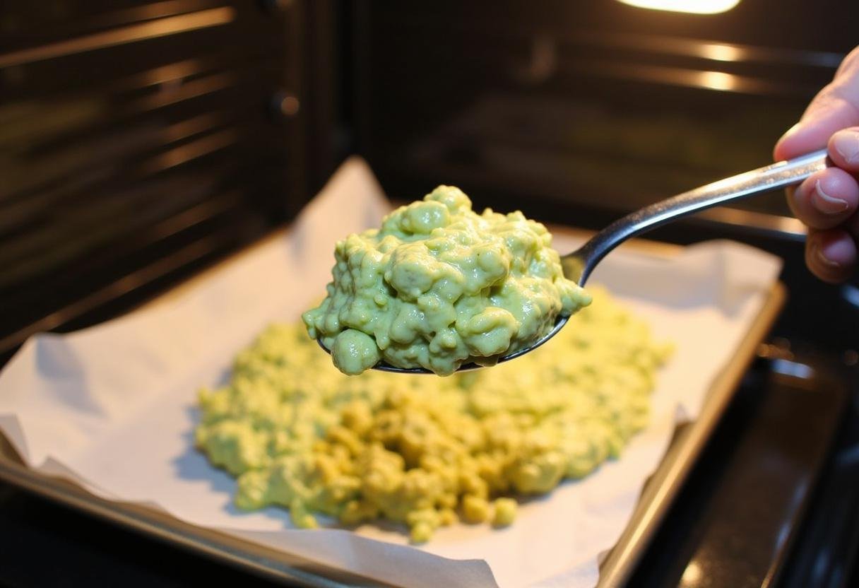 Scooping zucchini fritter mixture onto a baking sheet for baking crispy fritters.