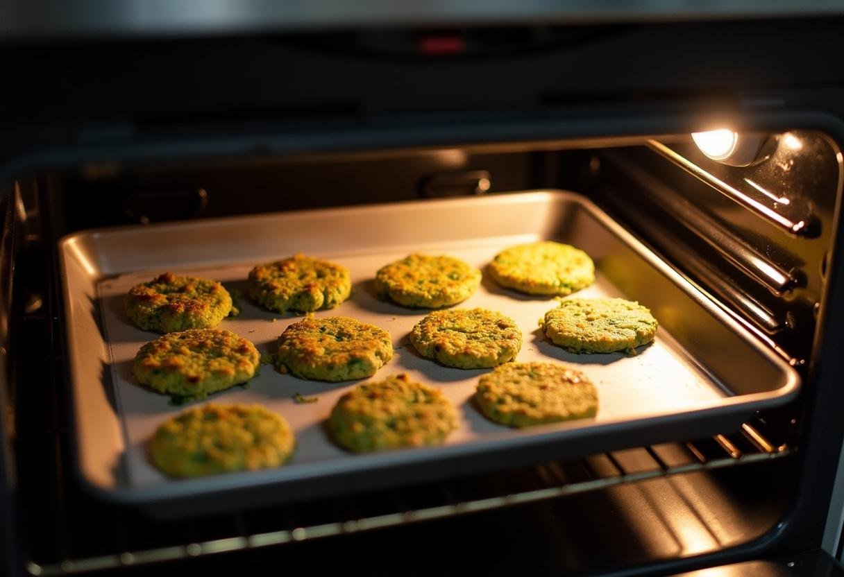 Placing the baking sheet with zucchini fritters into the oven for baking.