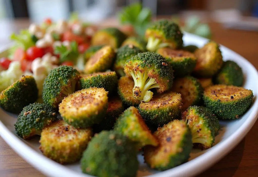 Finished crispy parmesan roasted broccoli on a serving platter, perfect as a healthy side dish.