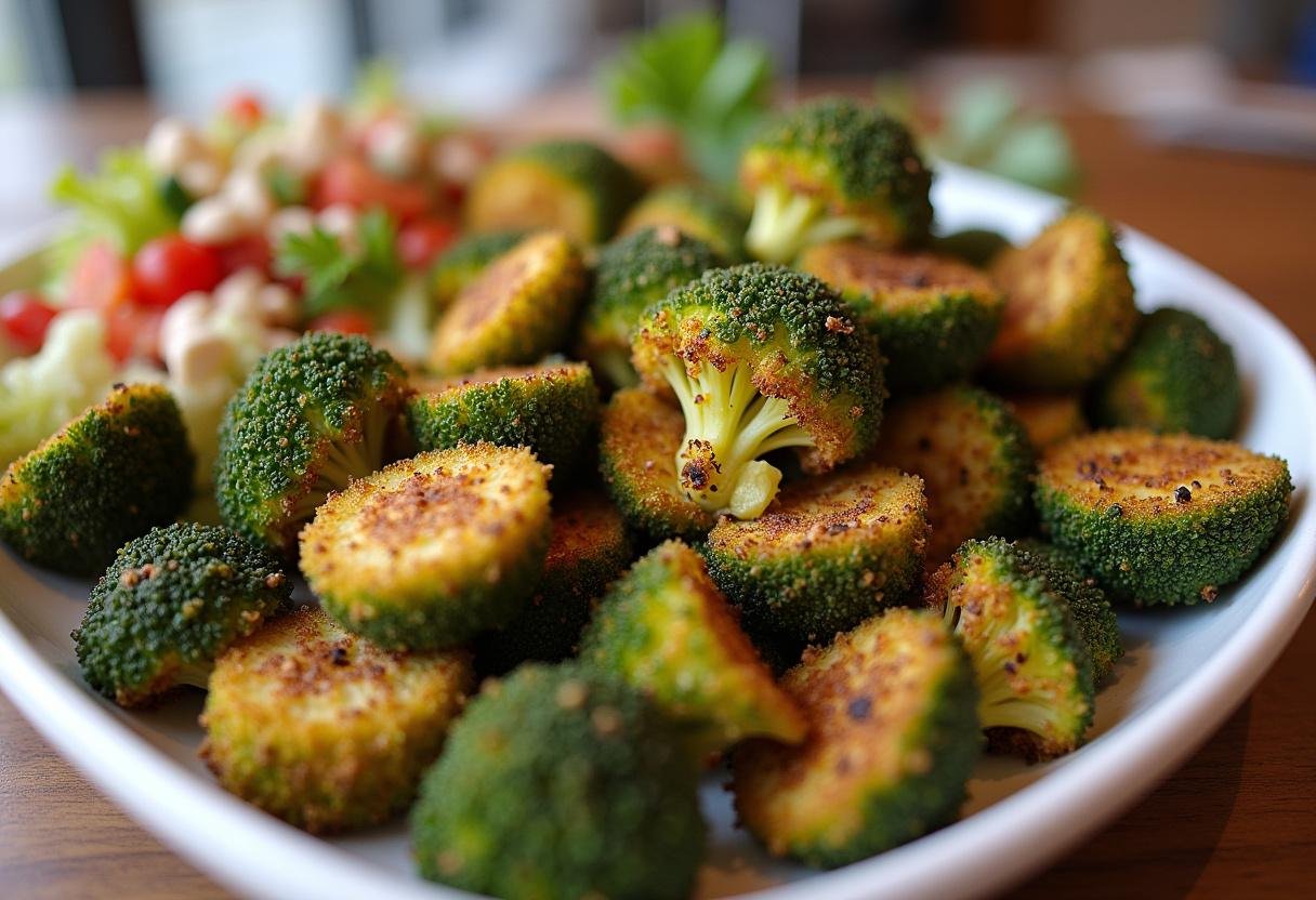 Finished crispy parmesan roasted broccoli on a serving platter, perfect as a healthy side dish.