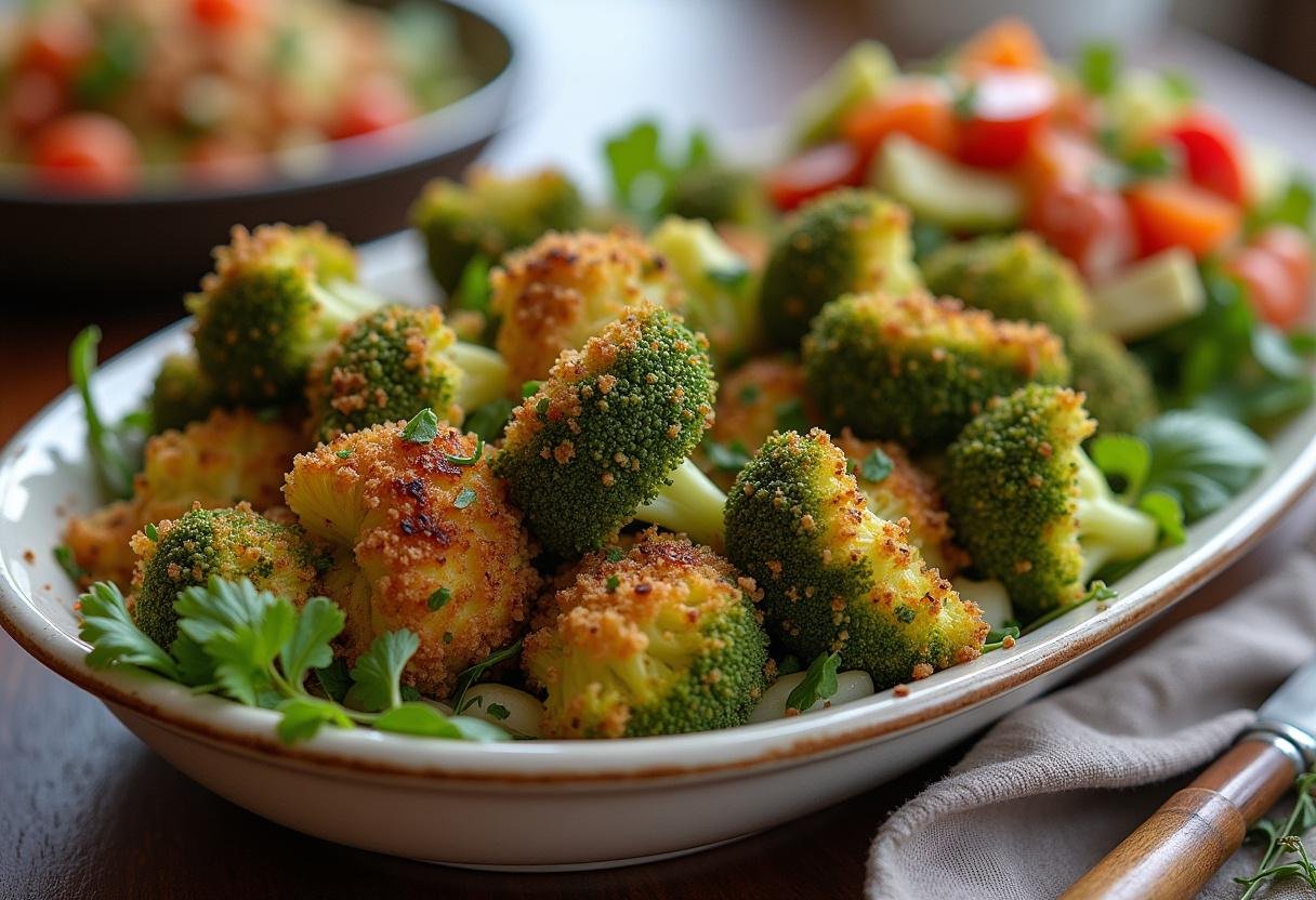 Finished crispy parmesan roasted broccoli on a serving platter, perfect as a healthy side dish.
