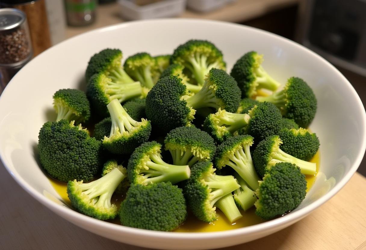 Fresh broccoli florets ready for roasting with olive oil and seasonings for crispy parmesan roasted broccoli.