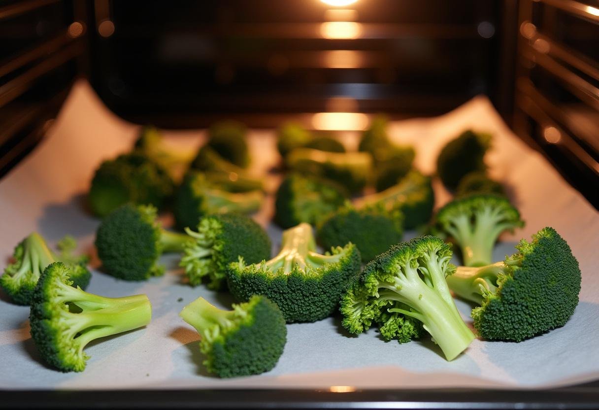 Seasoned broccoli spread out on a baking sheet for roasting in the oven for crispy parmesan roasted broccoli.