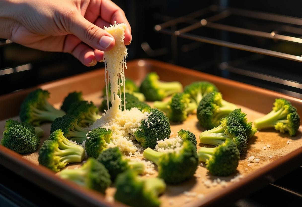 Grated parmesan cheese being added to broccoli before roasting for additional flavor in crispy parmesan roasted broccoli.