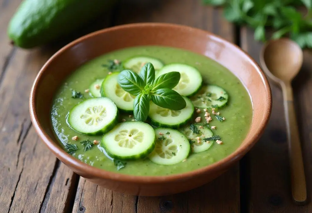 Delicious Cucumber Avocado Soup garnished and ready for enjoying on a sunny day.