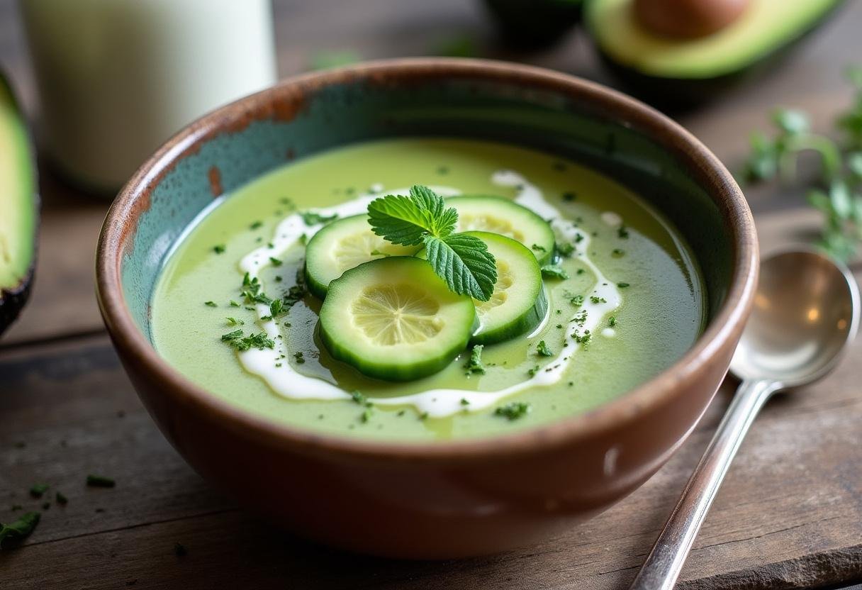 Delicious Cucumber Avocado Soup garnished and ready for enjoying on a sunny day.