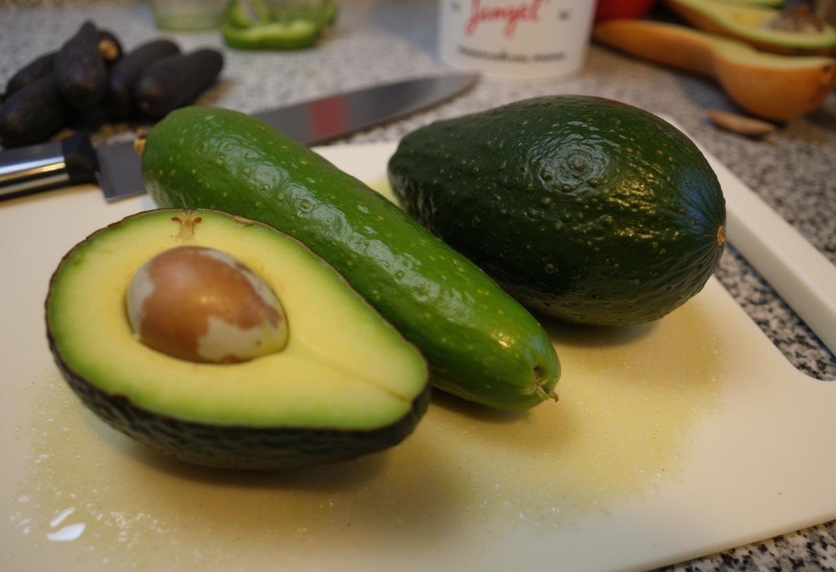 Fresh cucumbers and ripe avocados prepared for making Cucumber Avocado Soup.