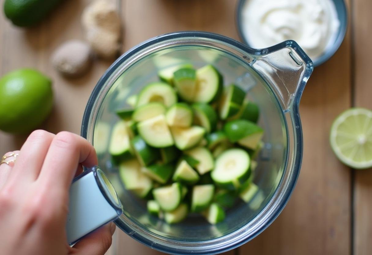 Blending cucumbers and avocados for a creamy Cucumber Avocado Soup recipe.