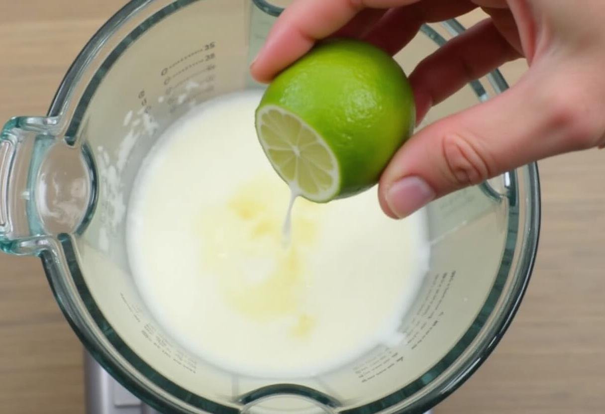 Adding yogurt and lime juice to the blender for Cucumber Avocado Soup preparation.