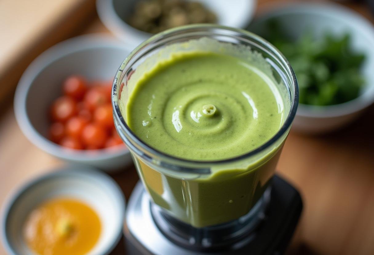 Green creamy mixture of Cucumber Avocado Soup ready to be served fresh.