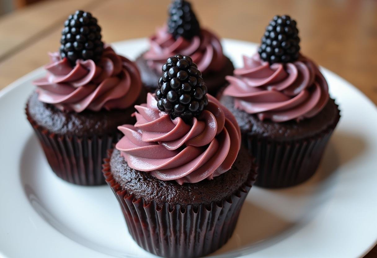 Finished Dark Chocolate Blackberry Cupcakes with decadent chocolate ganache and fresh blackberries, perfect for dessert.