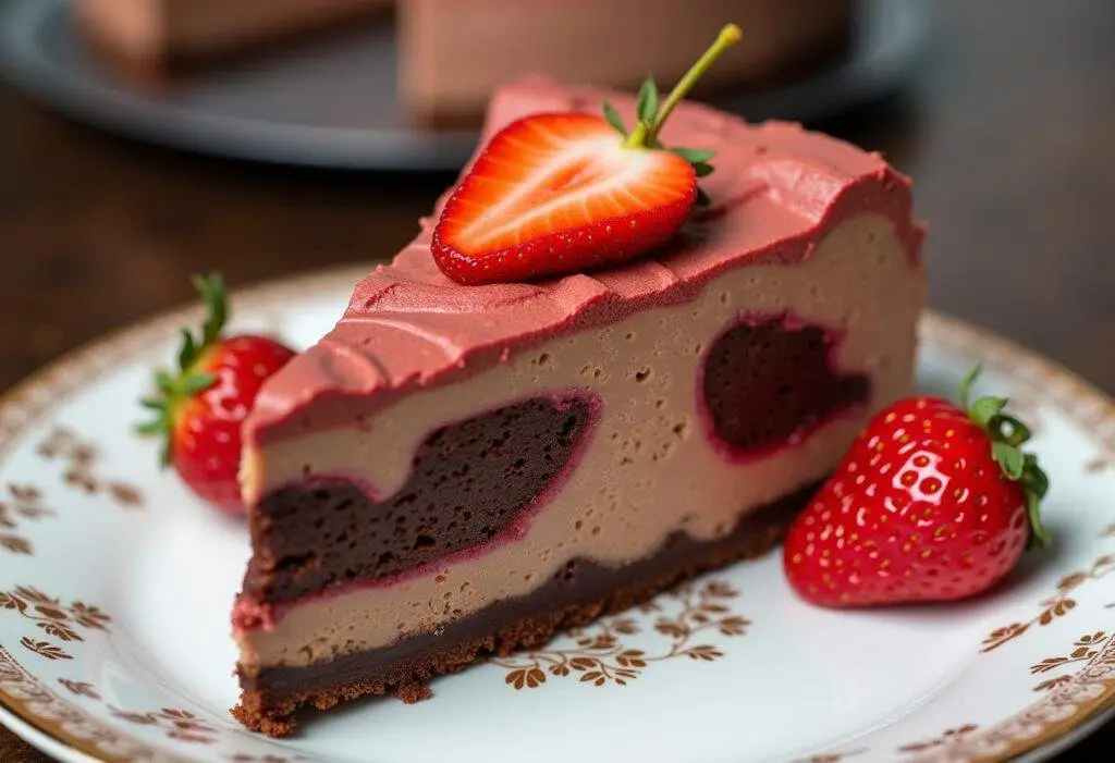 Finished chocolate strawberry swirl cheesecake slice beautifully presented, highlighting chocolate and strawberry flavors.