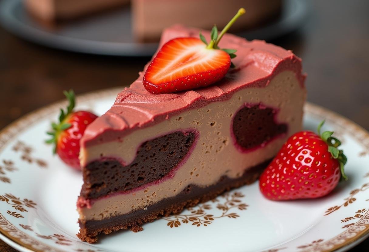 Finished chocolate strawberry swirl cheesecake slice beautifully presented, highlighting chocolate and strawberry flavors.