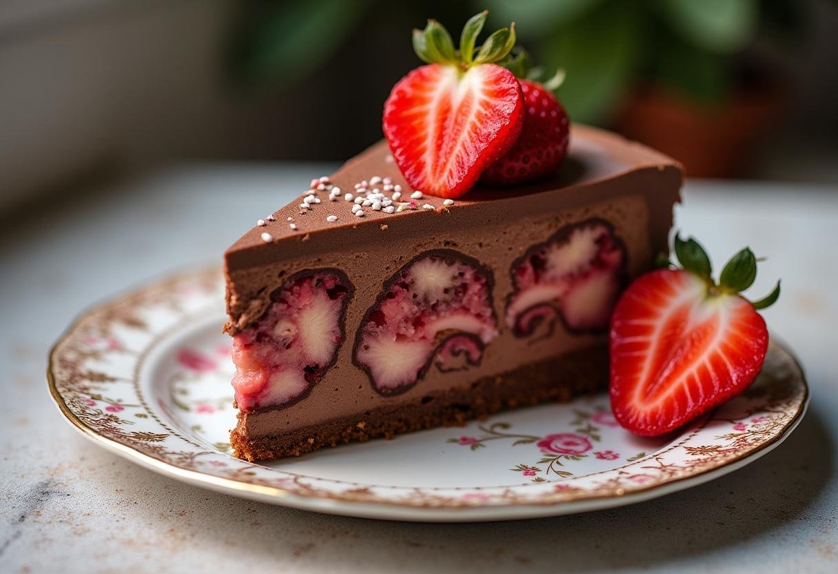 Finished chocolate strawberry swirl cheesecake slice beautifully presented, highlighting chocolate and strawberry flavors.