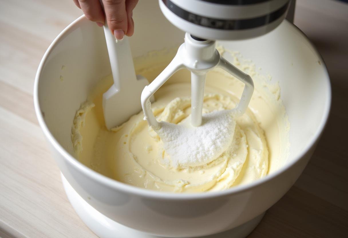 Blending cream cheese and sugar for a decadent chocolate strawberry swirl cheesecake.