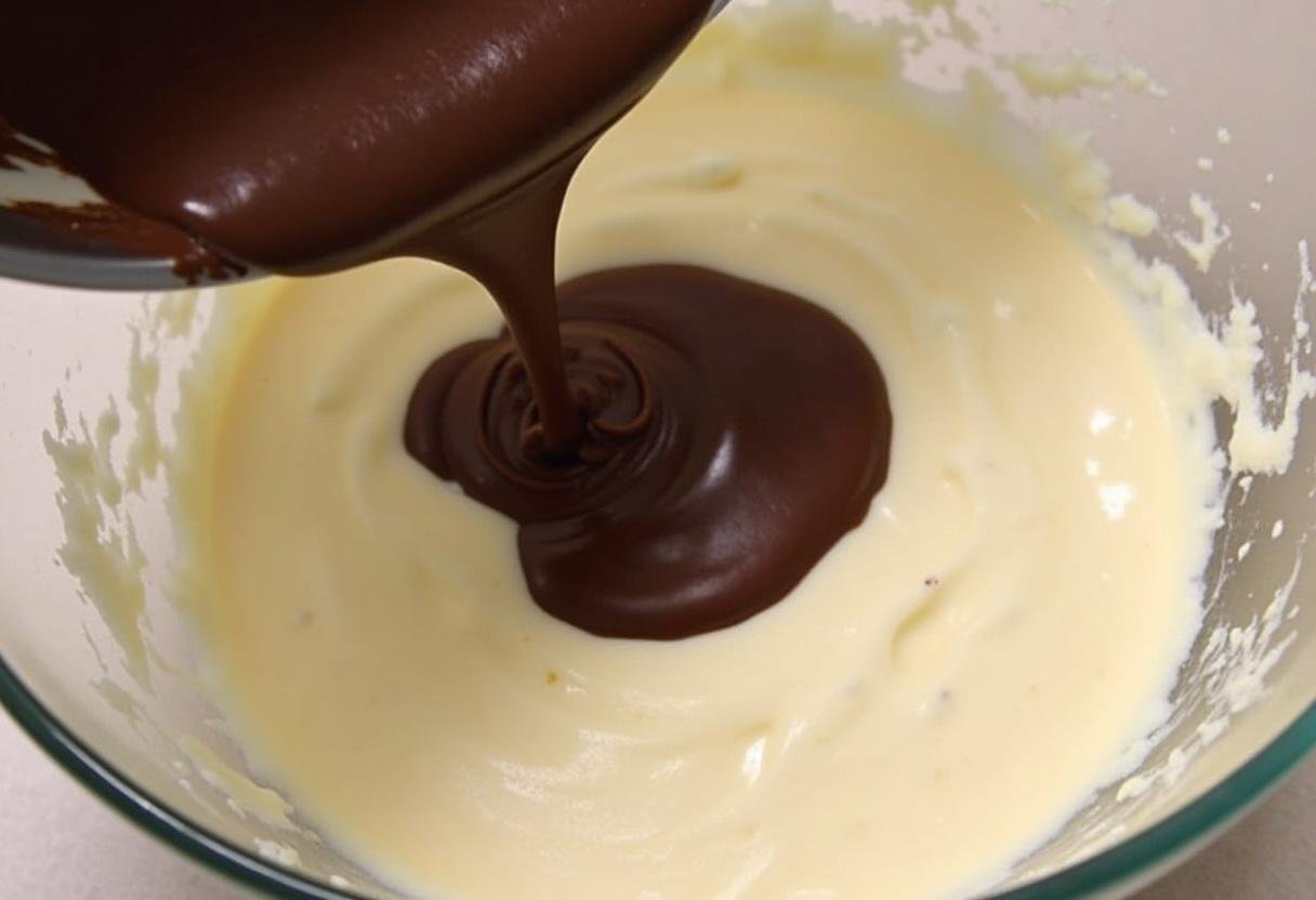 Melted dark chocolate being incorporated into the cheesecake batter for chocolate strawberry swirl cheesecake.