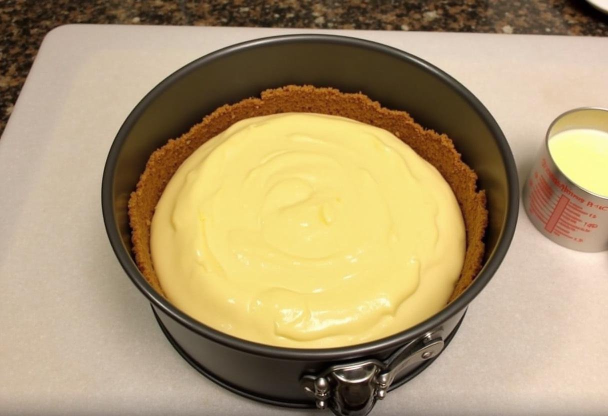 Graham cracker crust in a springform pan ready for cheesecake filling for chocolate strawberry swirl cheesecake.