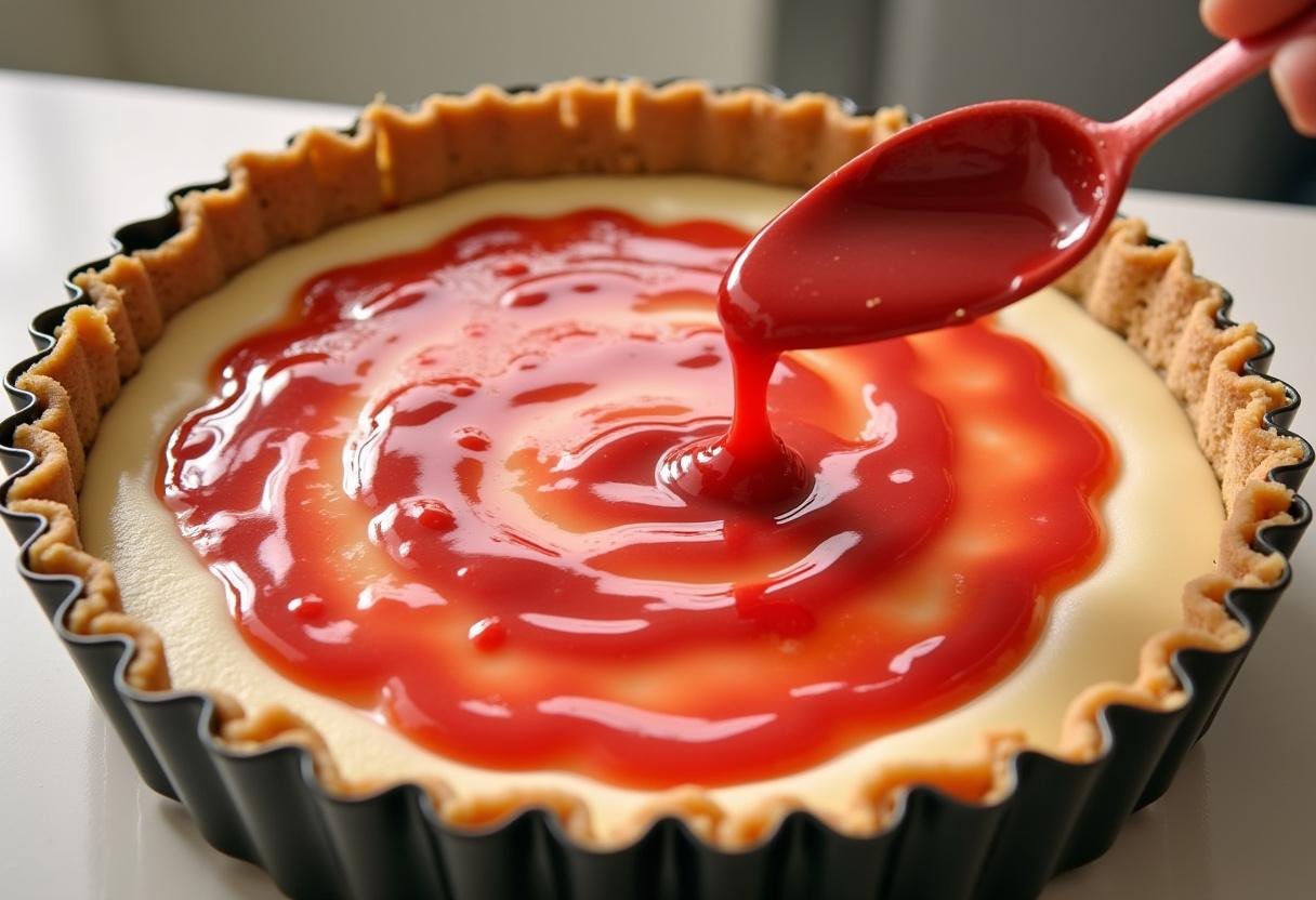 Pouring cheesecake batter and creating strawberry swirls on top for decadent chocolate strawberry swirl cheesecake.