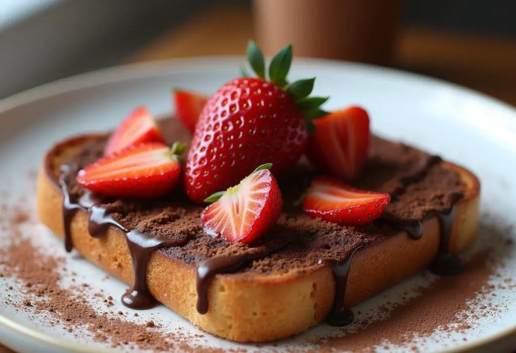 A luscious plate of decadent peanut butter chocolate toast, irresistible and perfect for dessert or breakfast.