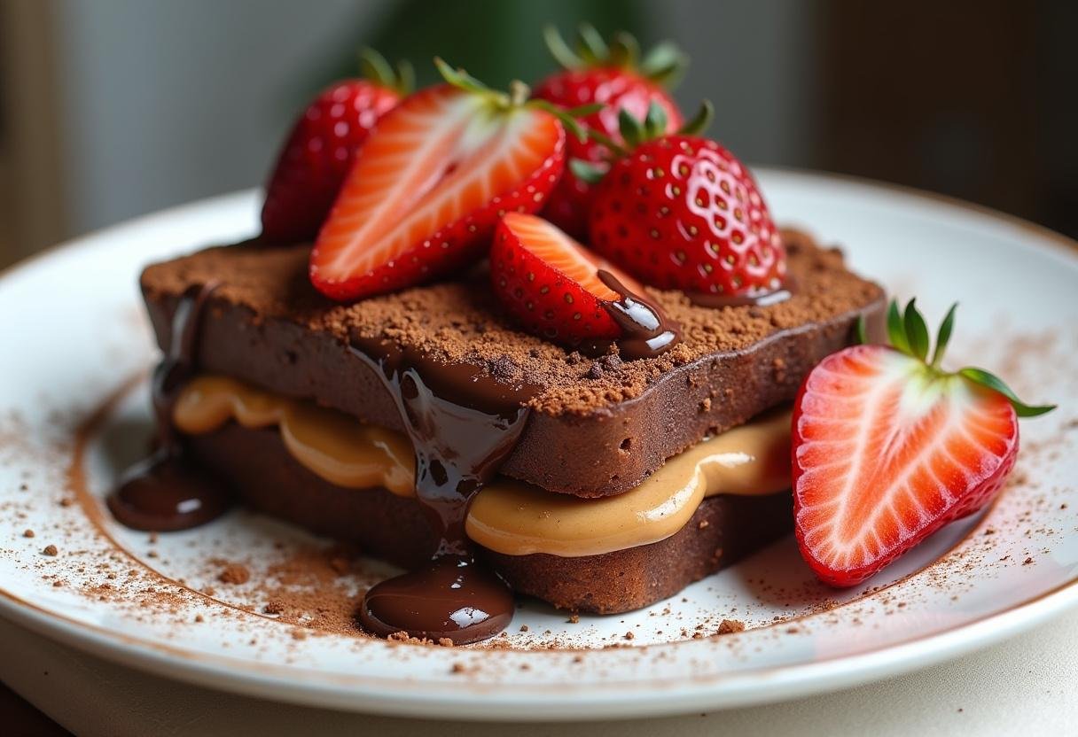 A luscious plate of decadent peanut butter chocolate toast, irresistible and perfect for dessert or breakfast.