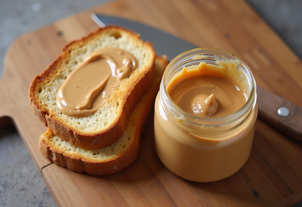 Slice of toasted bread with a jar of peanut butter for making decadent peanut butter chocolate toast.