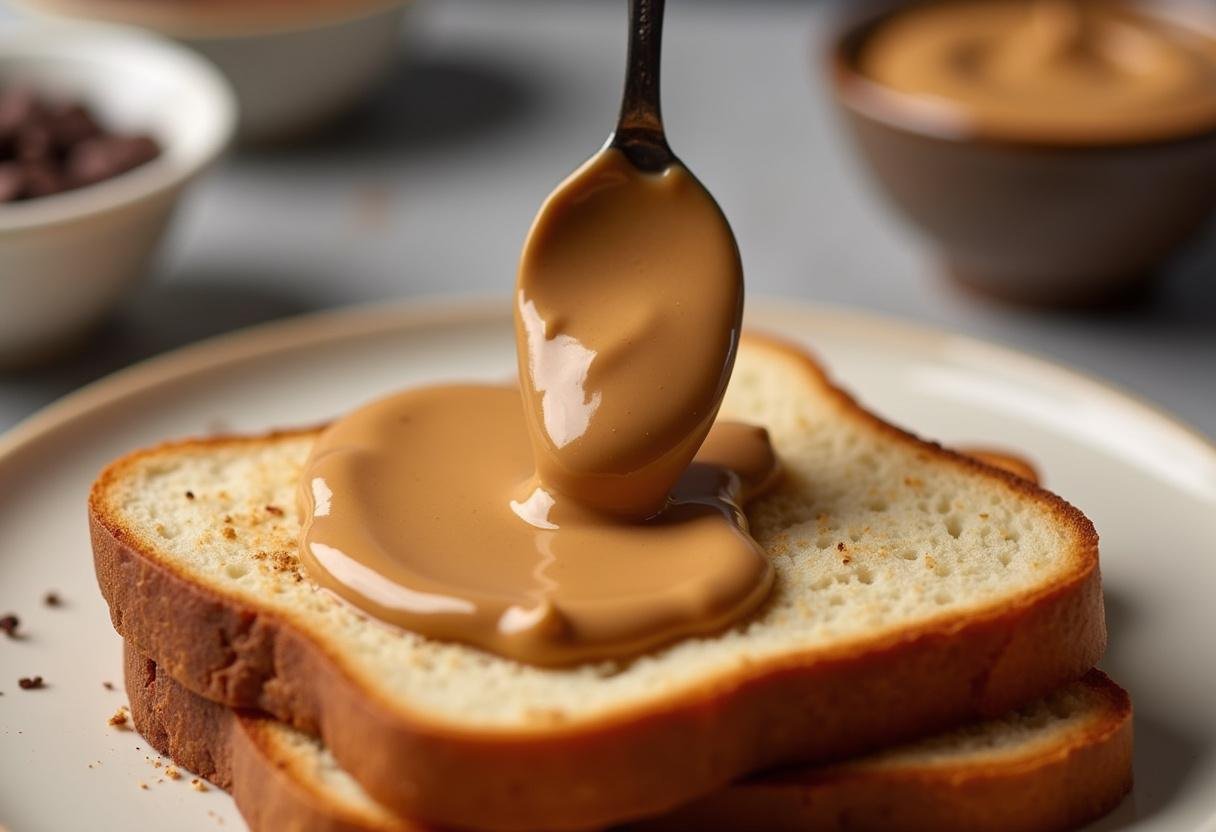 Spreading creamy peanut butter on warm toast for decadent peanut butter chocolate toast recipe.