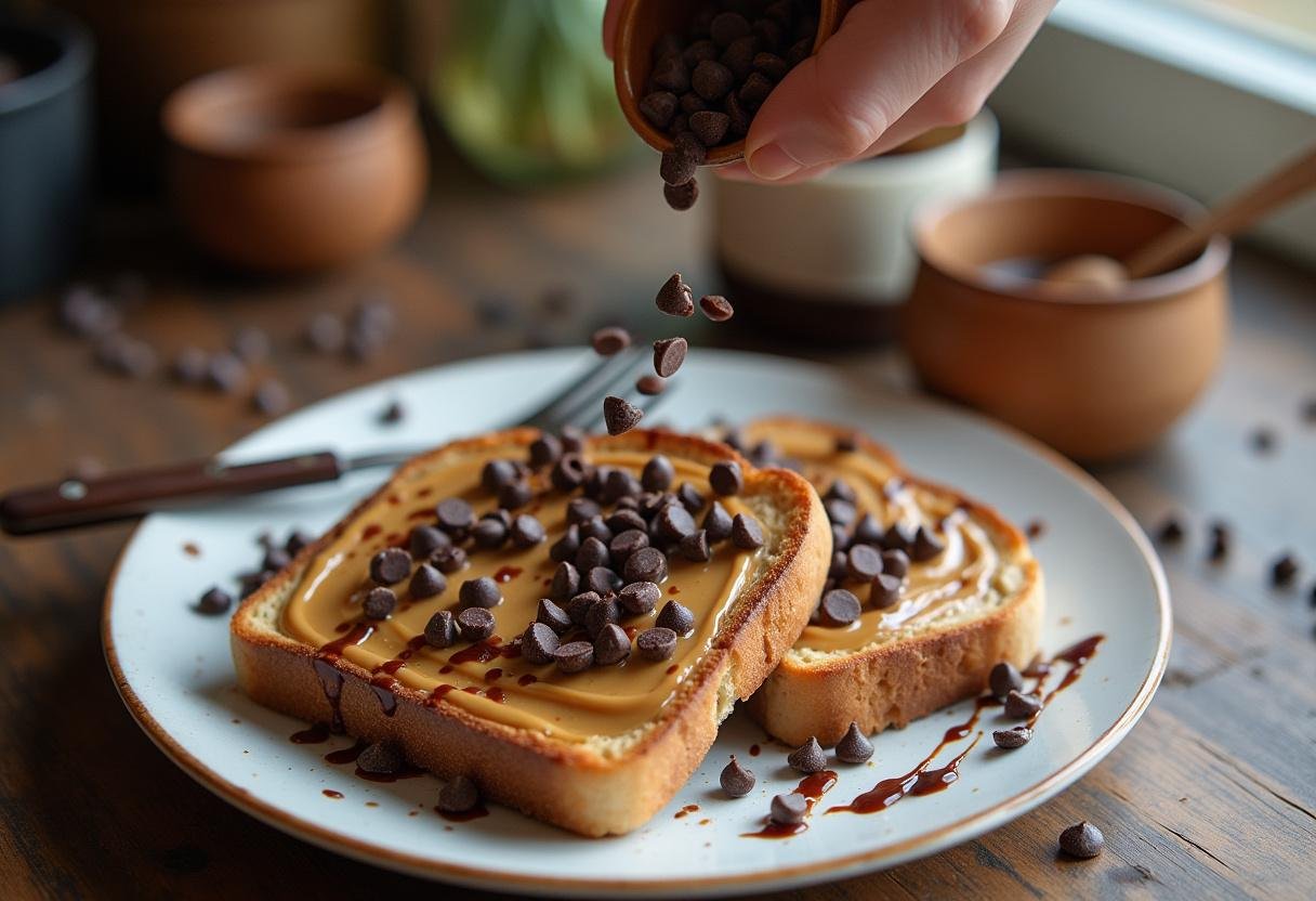 Chocolate chips and sauce added on peanut butter toast for decadent peanut butter chocolate toast.