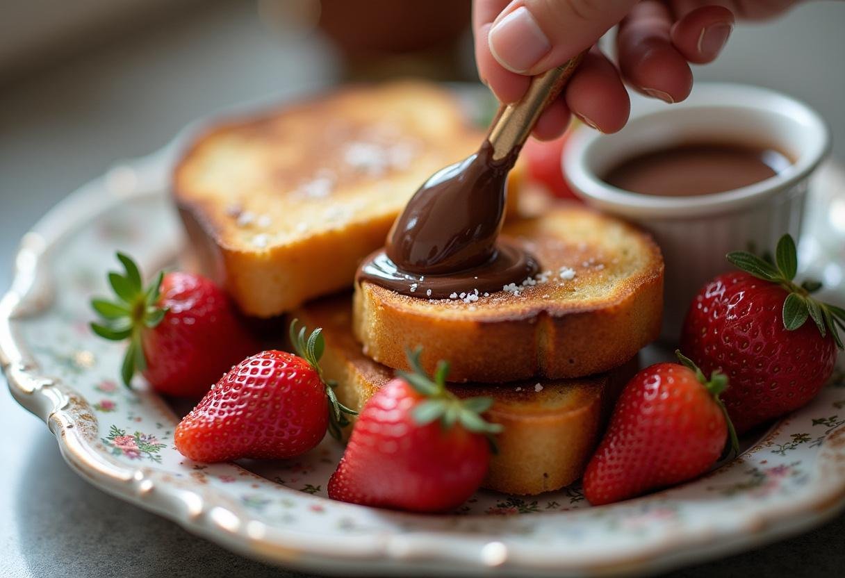 Preparing a plate of decadent peanut butter chocolate toast with fresh strawberries.