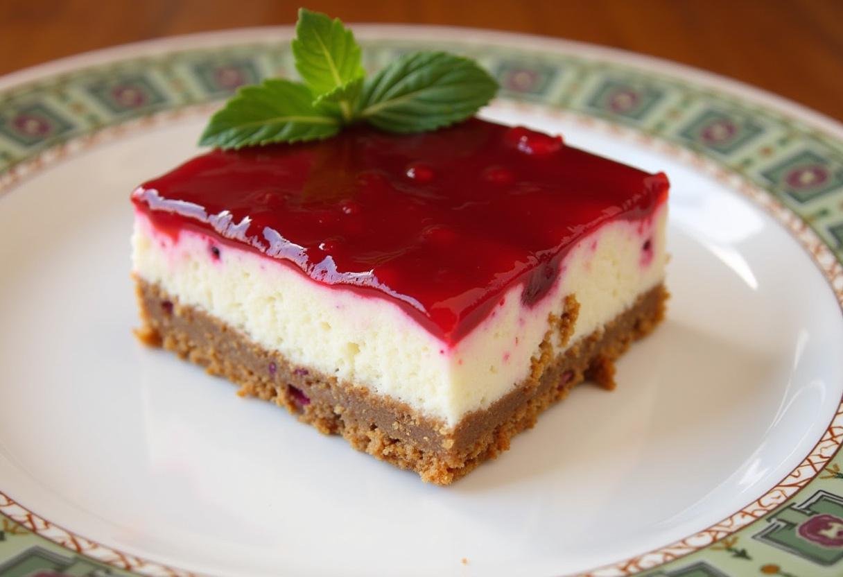 Finished Decadent Raspberry Cheesecake Bars with raspberry topping, perfect for dessert lovers.
