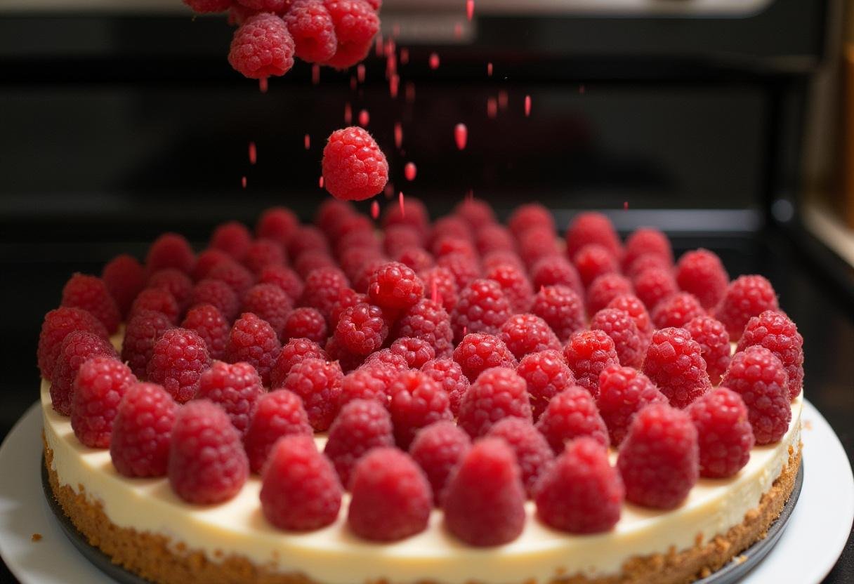 Fresh raspberries added on top of cheesecake mixture for Raspberry Cheesecake Bars.