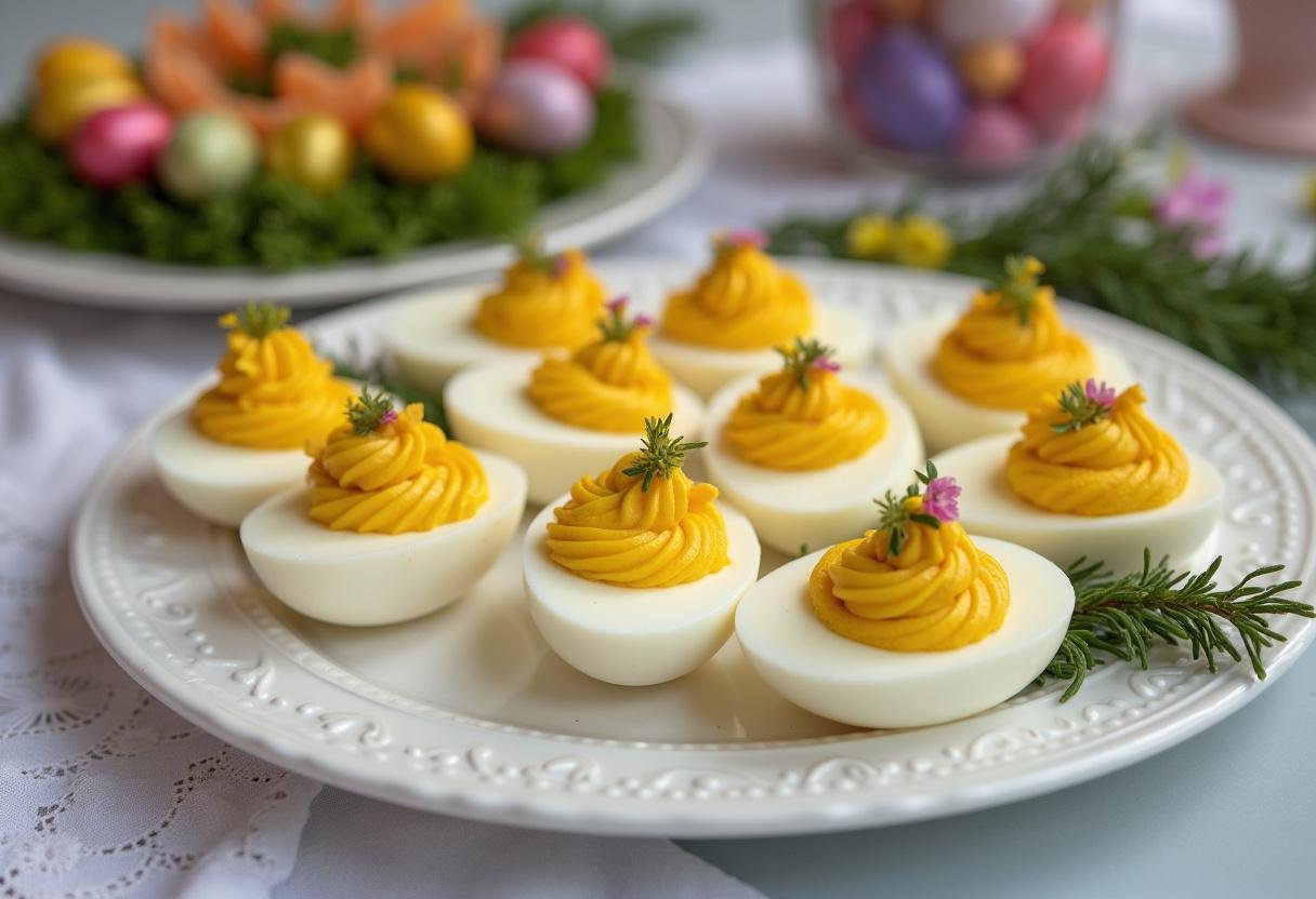 Finished Deviled Eggs beautifully displayed on an Easter brunch table, perfect for holiday celebrations.