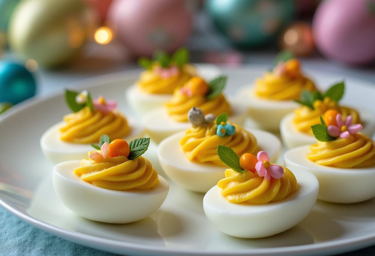 Finished Deviled Eggs beautifully displayed on an Easter brunch table, perfect for holiday celebrations.