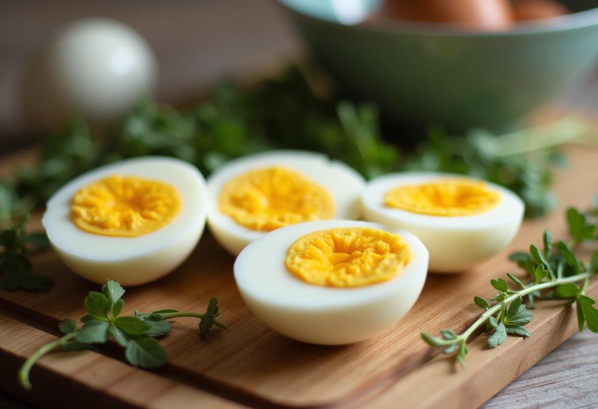 Halved boiled eggs on a cutting board, ready for making Deviled Eggs for Easter Brunch.